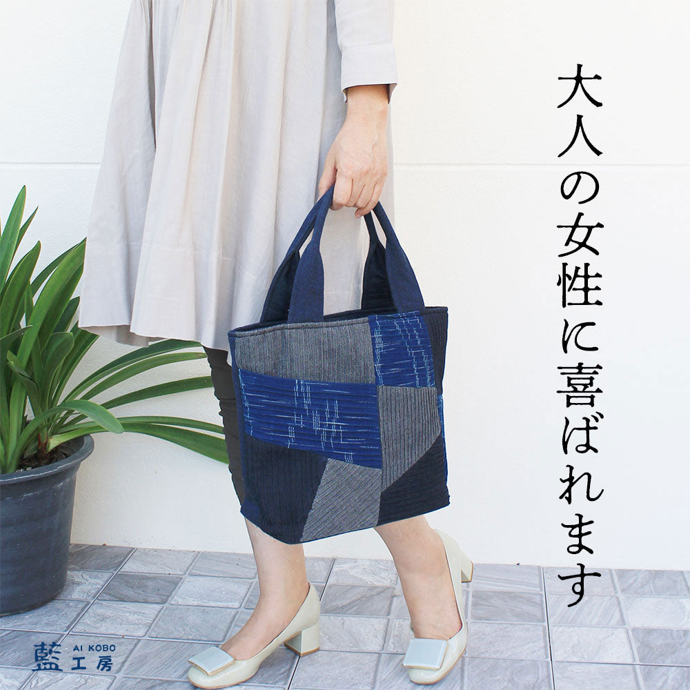 手織りピンタックパッチワークトート