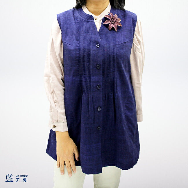 手織り木綿スタンドカラー前開きベスト